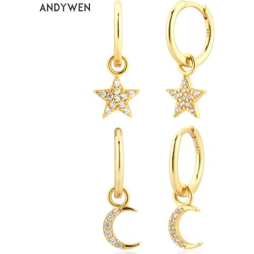 ANDYWEN 925 Sterling Silver Gold Star Moon Zircon CZ Charm Drop Earring Dangle Fashion Fine Jewelry Gift 2021 Wedding Tiny Clips