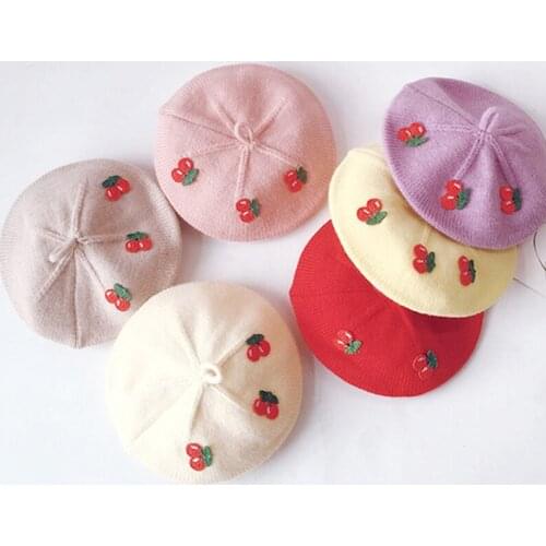 Baby Girls Cherry Patch Beret Hat Newborn Knitted Beanie Candy Colors Infant Berets Winter Autumn Warm Cap Hats Painter Hat