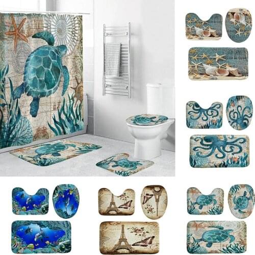 Turtle//Eiffel Tower/Octopus Polyester Shower Curtain Toilet Lid Cover Floor Mat Bathroom Suppliers