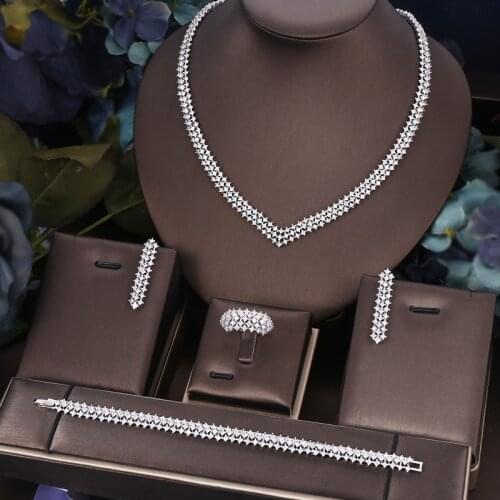 Janekelly 4pcs Bridal Zirconia Full Jewelry Sets For Women Party, Luxury Dubai Nigeria CZ Crystal Wedding necklace sets