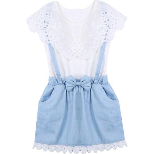 2 Piece Baby Girl Clothes Set Toddler Kids Sleeveless Ruffle Tops and Denim Tulle Bowknot Princess Dress Outfits Summer