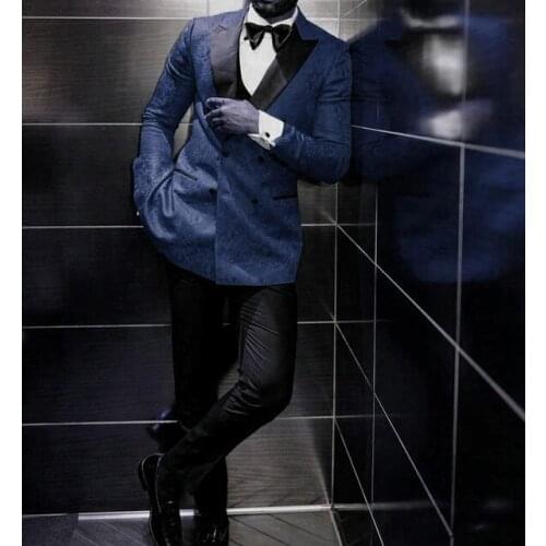 Navy Blue Pattern Double Breasted Men Suits Costume Homme Groom Suits Tuxedos 3 Pcs Prom Terno Masculino Blazer Wedding Slim Fit