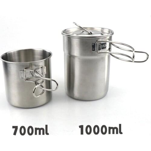 2pcs Water Cup Mugs With Lid Foldable Handle 700ml+1000ml Stainless Steel Pot Outdoor Camping Picnic Backpacking Coffee Tea Cups