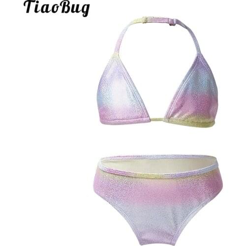 TiaoBug Summer Kids Girls Tankini Gradient Color Glittery Swimsuit Swimwear Bathing Suit Set Bikini Top With Bottoms Sets