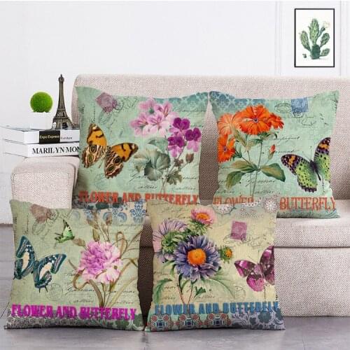Flowers and butterflies and stamps Printed Cushion Cover Linen Throw Pillow Car Home Decoration Decorative Pillowcase T361