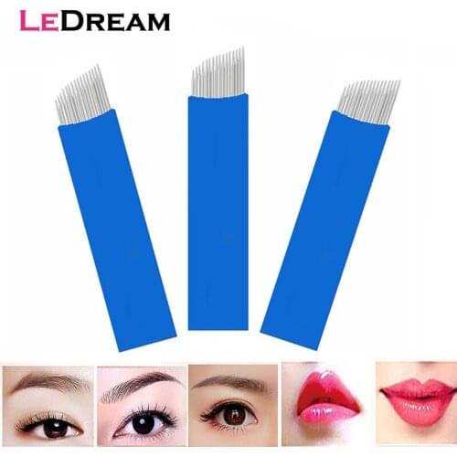 50pcs/lot Disposable Blue Permanent 12 14 16 17 18 Pin Manual Eyebrow Tattoo Needles Blade For 3D Embroidery Microblading Pen