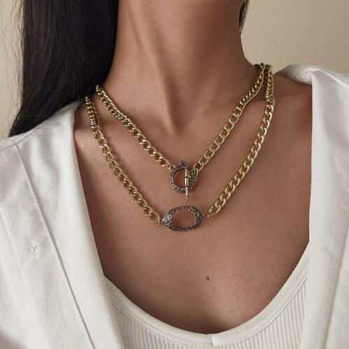 Punk Thick Chain Geometric Pendant Necklace for Women Vintage Hiphop Alloy Accessories Double Layers Clavicle Necklace Jewelry