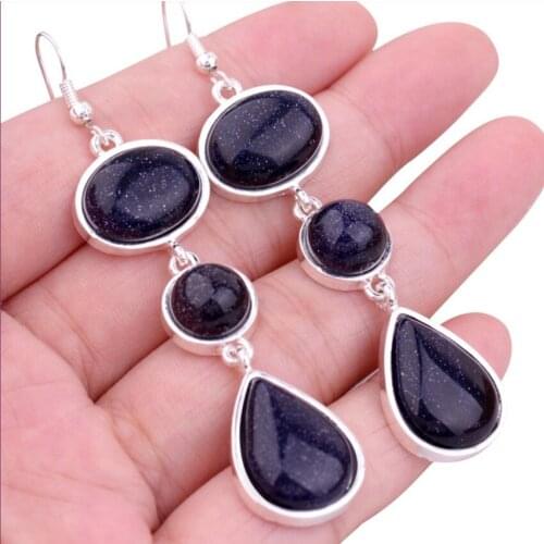 Silver Plated Layer Geometric Shape Malachite Quartz Dangle Earrings for Women Blue Sand Stone Jewelry