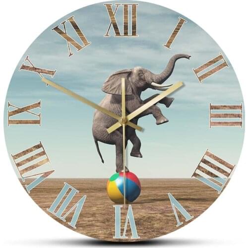 Elephant Balancing on Beach Ball Modern Design Wall Clock African Elephant Loxodonta Wall Watch Comical Artistic Home Décor