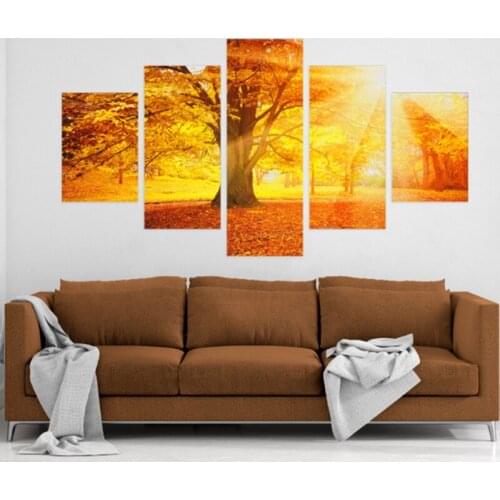 Modern Home Decor Canvas Painting HD Printed Frame Room Wall Art Poster 5 Panel Autumn Morning Woods Landscape Pictures