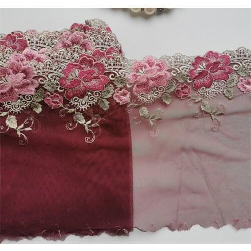 10Meters Mesh Embroidered Lace Trims Dark Red Mesh Net Flower Lingerie Bra Dress Costume Fabric Decoration DIY Clothes 21cm Wide