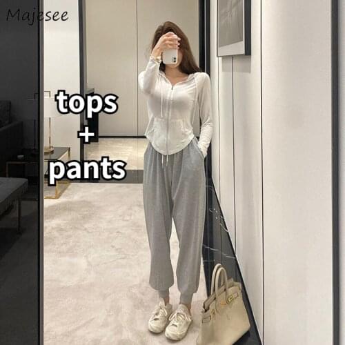 Sets Women Tops and Pants Jogging Female Solid Fashion Pockets Hooded Chic Ulzzang Straight Drawstring Harem Design Girls Newest