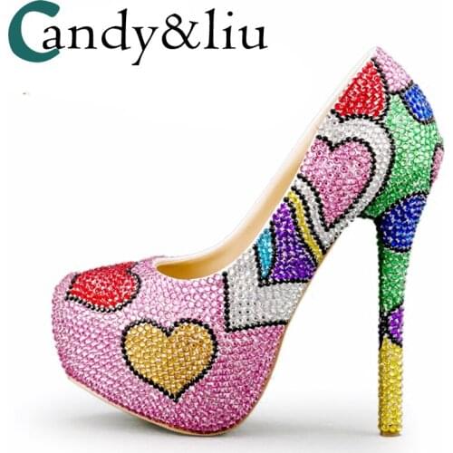 Colorful pearls wedding shoes super high heel round toe with platform contrast women poumps for party banquet evening dress