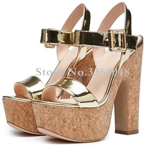 Newest Golden Wooden High Thick Heels Woman Sandals 5 CM Platform 15 CM High Heels Peep Toe Shoes Woman Party Dress Shoes