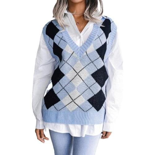 2021 Fashion Diamond Knitted Vest Sweater Vintage Sleeveless V Neck Female Waistcoat Chic Tops Womens sweater vest