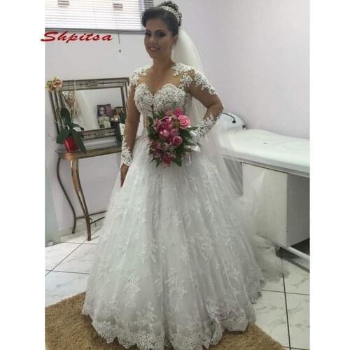 Long Sleeve Lace Wedding Dress Plus Size White Ivory Pearls A line Elegant Women Girl Bridal Bride Wedding Gowns