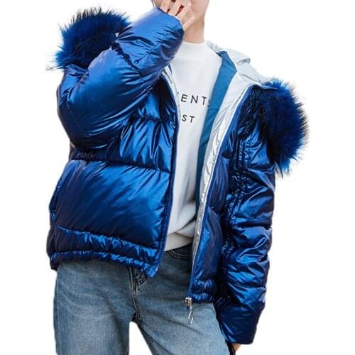 Winter New Short Cotton Women Jacket Hooded Fur Collar Glossy Bright Two Sides Wear Coat Loose Casual Solid Thick Warm Jackets