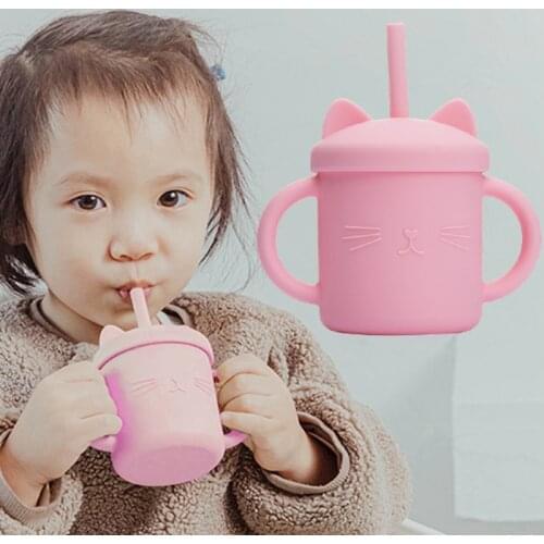 1PCS Baby Feeding Cups Silicone Drinkware Cute Cartoon Cat Sippy Cup For Toddlers Kids Sippy Cup Lids Solid With Handle Drinker