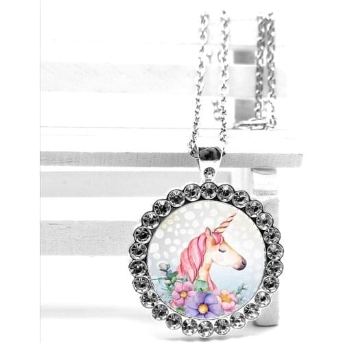 2020 New Fashion Cartoon Anime Cute Unicorn Crystal Pendant Glass Convex Round Necklace Children Necklace Gift