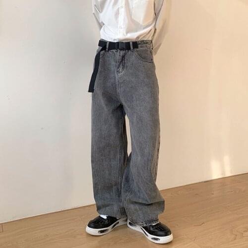 2021 New Men Belt Splice Vintage Fashion Casual Loose Wide Leg Straight Jeans Male Streetwear Hip Hop Denim Pant Long Trousers