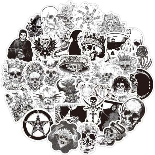 50pcs/pack Black and White COOL Skull Stickers For Motorcycle Notebook Computer Car DIY Childrens Toy Guitar Refrigerator