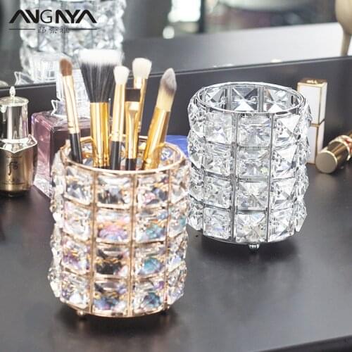 ANGNYA 1Pc Gorgeous Glitter Crystal Metal Nail Pen Holder Makeup Brush Storage Organizer Stationery Container Office Accessories