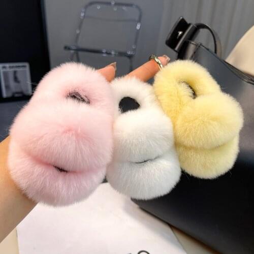 Real Rex Rabbit Fur Keychain Women Backpack Fluffy Charm Toy Accessories Cute Slippers Car Key Ring Pendant Jewelry Trinket