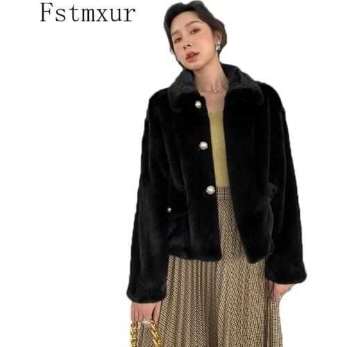 Fstmxur 2021 New Update Autumn And Winter Womens Full Sleeve Single Buttons Natural Turn-Down Collar Short Mink Fur Coats