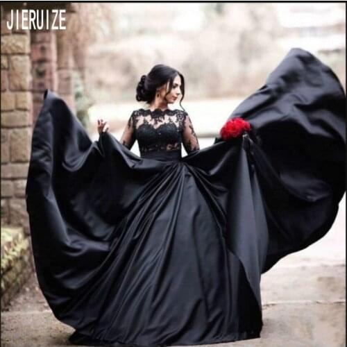 JIERUIZE Black Wedding Dresses Jewel Neck Sheer Long Sleeves Zipper Back Lace Appliques Beads Satin Bridal Gowns robe de mariee