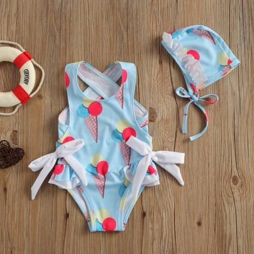 Toddler Baby Girl Romper Swimsuit + Cap Protector 2pcs Beach Suits Ice Cream Printed No-Sleeve Backless Summer Swimwear Clothes