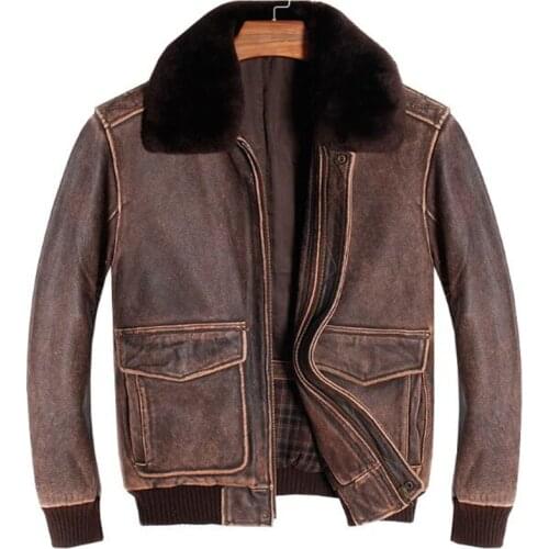 Mens Brown Air Force Flight Leather Jacket Vintage Wool Collar Plus Size Genuine Cowhide Winter Russian Aviator Pilot Coat Male