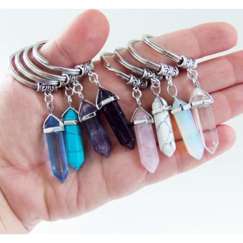 KBJW 2018 New Arrival Zinc Alloy Ring Nature Stone Keychain Hexagon Bullet Stone Keychain Accesoriees Unisex
