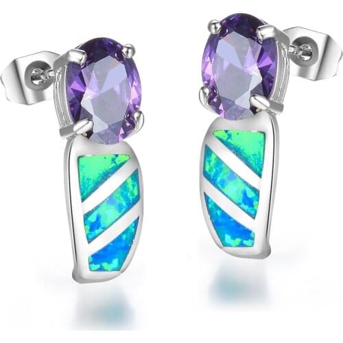 New Wedding Jewelry Purple Quartz & Blue Fire Opal 925 Silver Stud Earrings For Woman EP0010