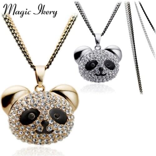Magic Ikery High Quality Rose Gold Double Long Chain Rhinestone Bear Black Panda Animal Necklace Women Jewelry MKL2980