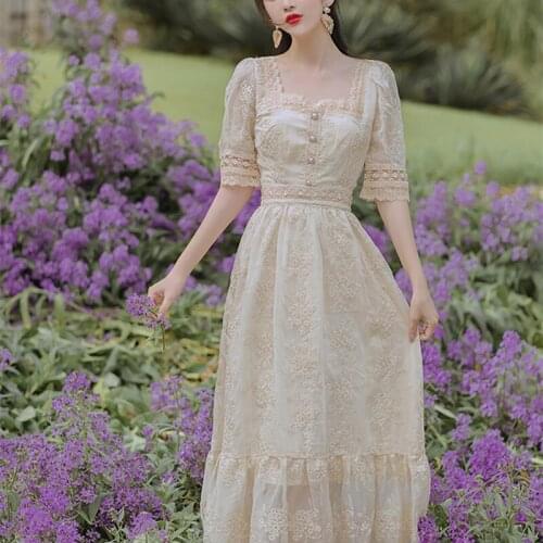 Dress Temperament French First Love Sweet Lace Square Collar Elegant Chic Embroidery Gentle Retro Midi Dresses