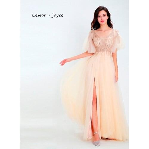 Lemon joyce Luxury Beading Prom Dresses 2020 Illusion Tulle Side Slit A-Line Lace Up Party Dress Evening Dresses Gowns Plus Size