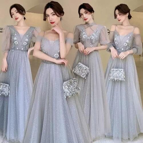 Bridesmaids Dresses A-Line Full V-Neck Appliques Embroidery Sequined Lace Tulle Spaghetti Straps Women Wedding Party Gown E536