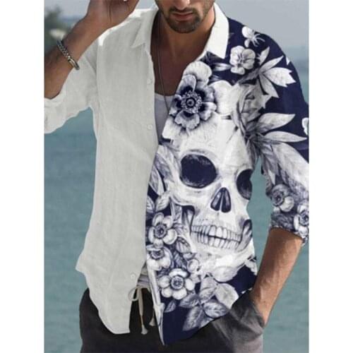Casual Turn-down Collar Shirt Loose Cardigan Tops Mens Fashion Skull Printing Patchwork Long Sleeve Shirts Men Autumn Streetwear