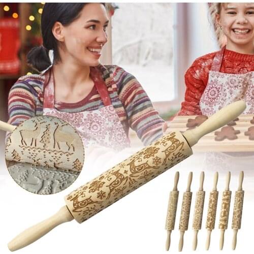 Christmas Embossing Rolling Pin Eco-friendly Safe Durable Moisture-resistant Engraved Rolling Pin Wooden Embossed Rolling Pin