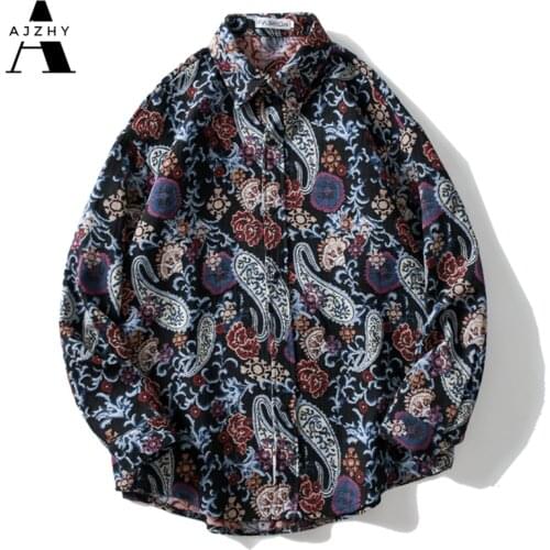 AJZHY Vintage Shirt Men Thick Paisley Patterns Knitted National Style Button Harajuku Casual Streetwear Long Sleeve Tees Tops
