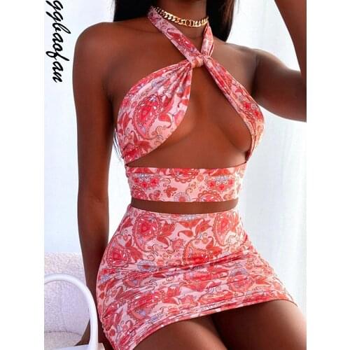 Ggbaofan Halter Sexy Cut Out Crop Top and Skirts Set Fashion Outfits 2021 Summer Print Drawstring Ruched Matching Set Club Party