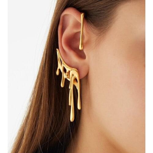 AMORCOME 2021 New Golden Metal Drop Wax Irregular Lava Metal Ear Cuff Earrings Without Piercing Punk for Women Jewelry Gifts