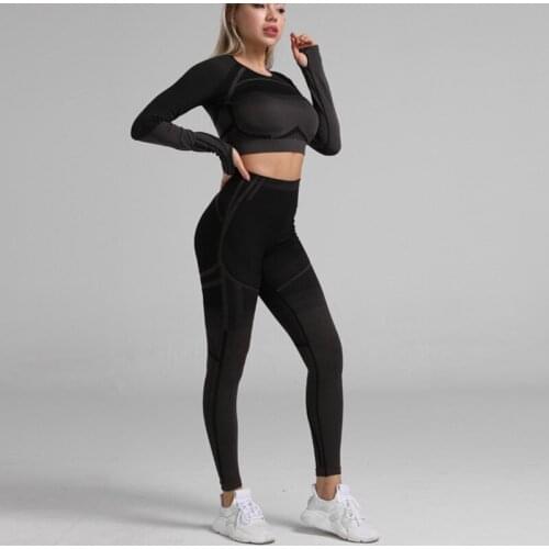 Gym Clothing Fitness Leggings+Cropped Shirts Sport Suit Seamless Women Yoga Set Women Long Sleeve Tracksuit Part Of The Backless