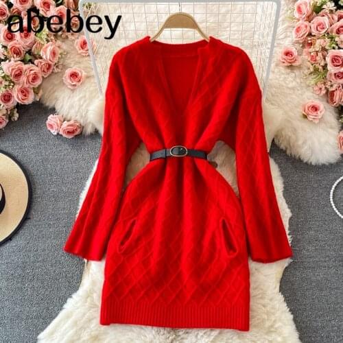 2021 New Spring Autumn Korean V-Neck long sleeve knitted Pullover Dress double pocket loose short solid color Plaid Dress