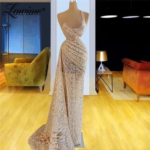 Lowime Dubai Beading Sequins Champagne Mermaid Evening Dresses Illusion Arabic Party Dress Celebrity Dresses For Weddings Prom