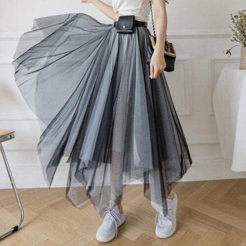 Women Midi Tulle Skirts Casual High Waist Asymmetrical Layered A-Line Tutu Skirt with Belt Bag