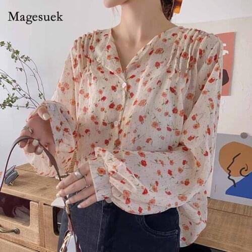 2020 Autumn Print Niche Retro Tops Loose Shoulder Folds Shirts Korean Style Long Sleeve Chiffon Women Blouse Blusas Mujer 10964