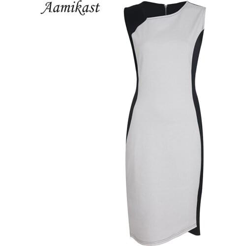 AAMIKAST New Fashion 2019 Elegant Patchwork O-neck Sleeveless Zipper Pencil Party Evening Women Dresses Size S M L XL XXL D0436
