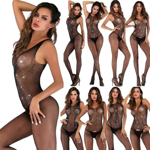 Womens Sexy Crystal Fishnet Body Tights Lingerie Open Crotch Sexy Tights Stockings Laidies Mesh Transparent Pantyhose Femme Body