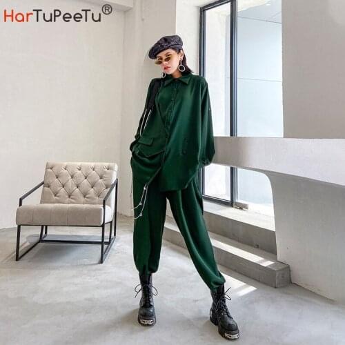 Female Suit 2021 Spring Summer Boyfriend Loose Pantsuit Long Sleeve Top and Pants with Chain Decorate Solid Casual Two-Piece Set